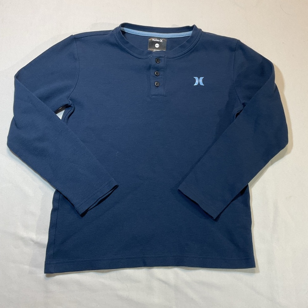 Hurley Boys Navy Long Sleeve Waffle Henley Knit Button Collar, Size 14/16